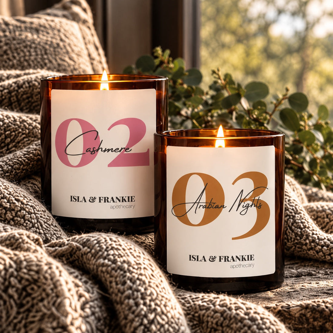 Lit Cashmere and Arabian Night candles by ISLA & FRANKIE