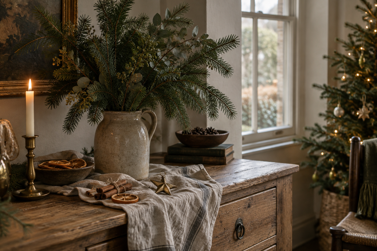 Fir branches, dried orange and a brass star in a softly lit Christmas home
