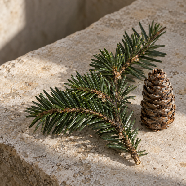 Fir branch and cone on natural stone