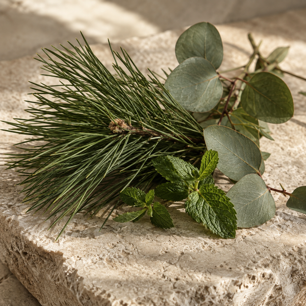 Pine needles, eucalyptus and peppermint on natural stone