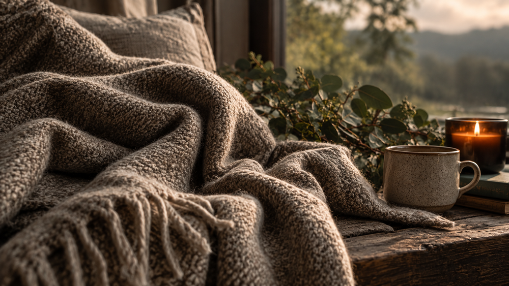 Soft woven blanket beside candlelight