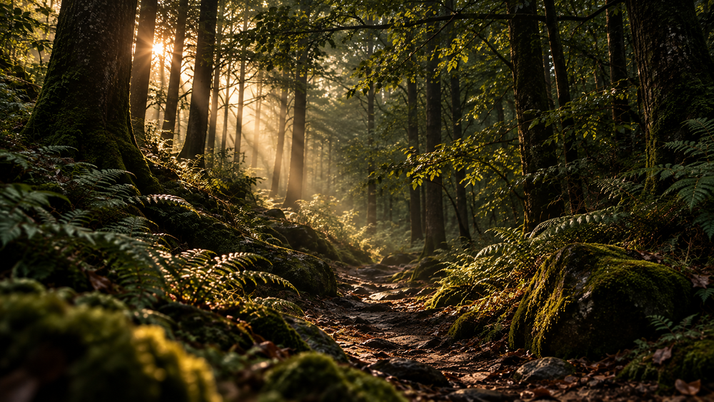 Golden light falling through a woodland